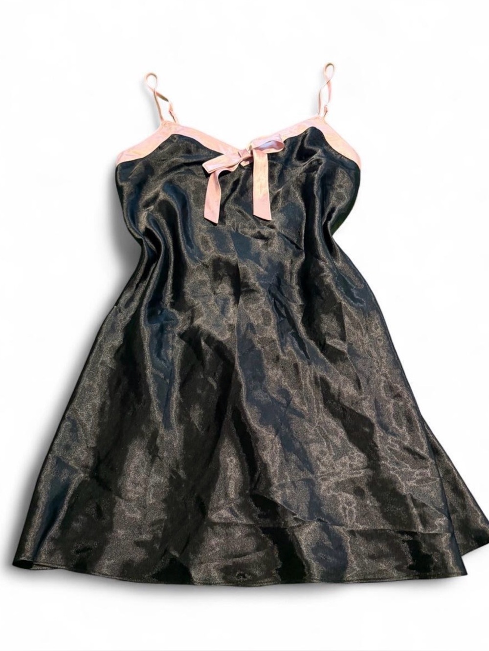 Black slip dress with pink trim and bow detail, size M